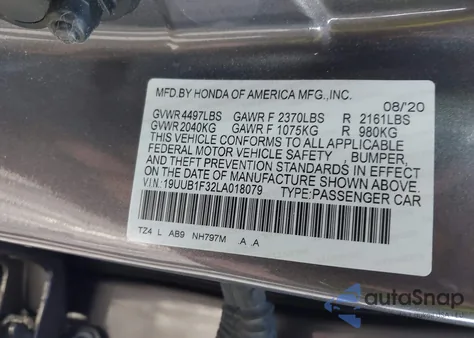 2020 Acura Tlx Standard из США, поврежденный, VIN 19UUB1F32LA018079